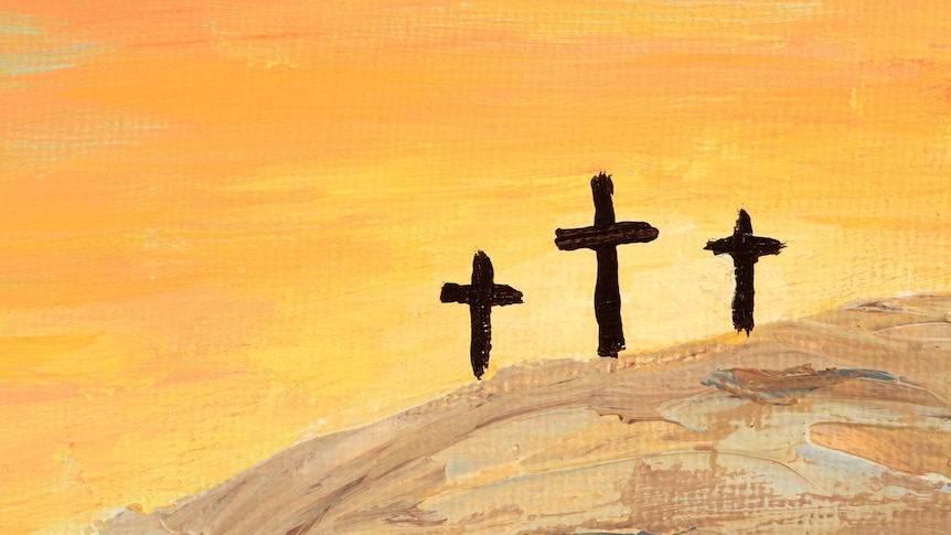 painting of mountain with three crosses on top against sunrise background