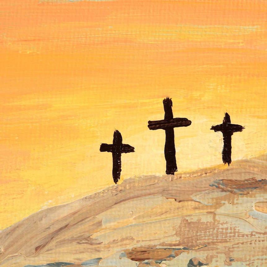 painting of mountain with three crosses on top against sunrise background