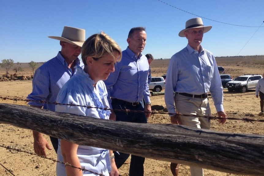 Prime Minister Tony Abbott visits the Walker family's drought-stricken Longreach property in May.