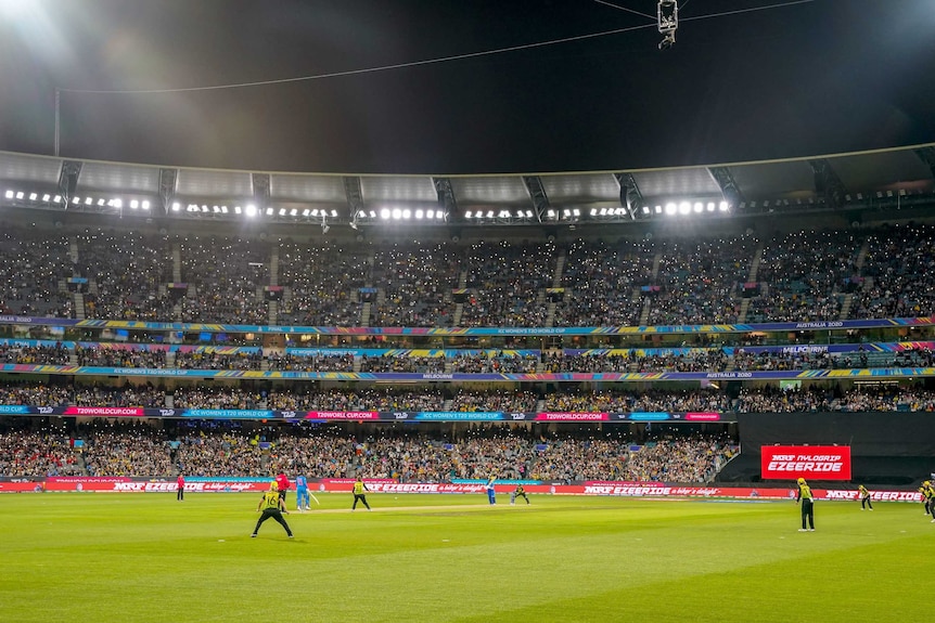 The MCG crowd is visible during play in the women's Twenty20 World Cup final between Australia and India.