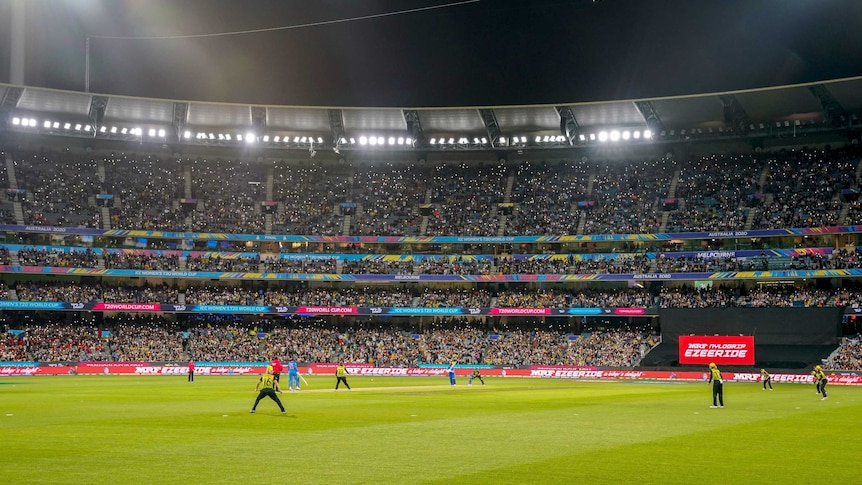 The MCG crowd is visible during play in the women's Twenty20 World Cup final between Australia and India.