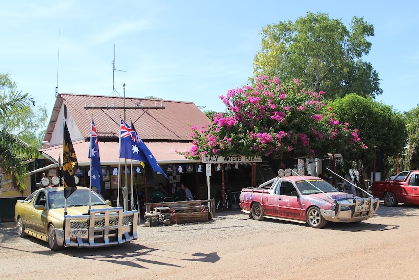 Utes parked outside the Daly Waters Pub in readiness for the Ute Muster on Sunday morning