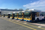 A fleet of Brisbane buses park at the Toowong Depot.