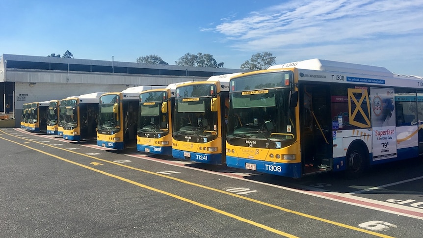 A fleet of Brisbane buses park at the Toowong Depot.