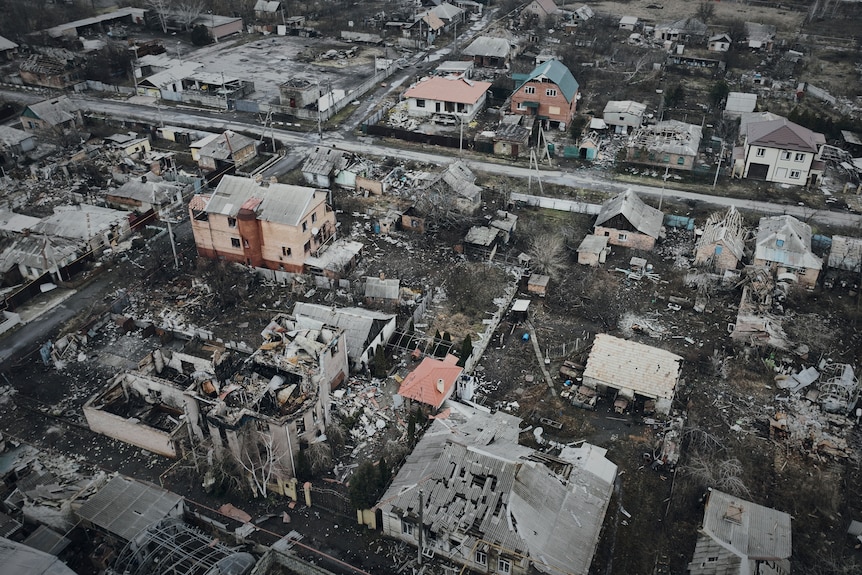 An aerial view of destroyed buildings in Bakhmut.