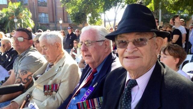 World War II veteran, 92-year-old Ron Hedley, at Newcastle's Anzac Day service at Civic Park.