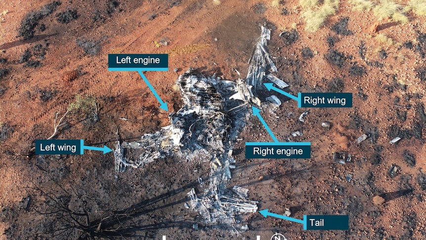 An aerial of a burnt light airplane.