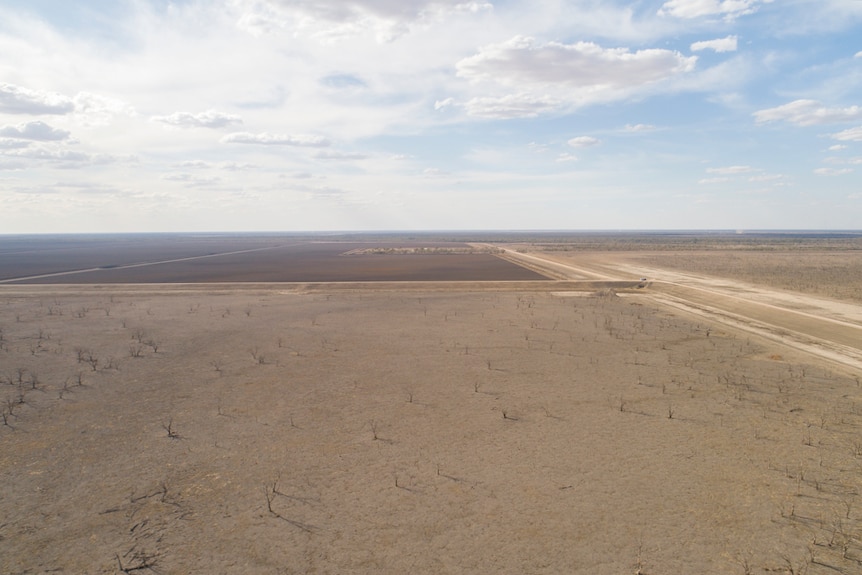 A large empty dam with dead trees scattered across it on Cubbie Station in October, 2019.