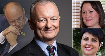 A montage of Antony Green in a suit, with a faded image of Barry Urban and headshots of Tania Lawrence and Alyssa Hayden.