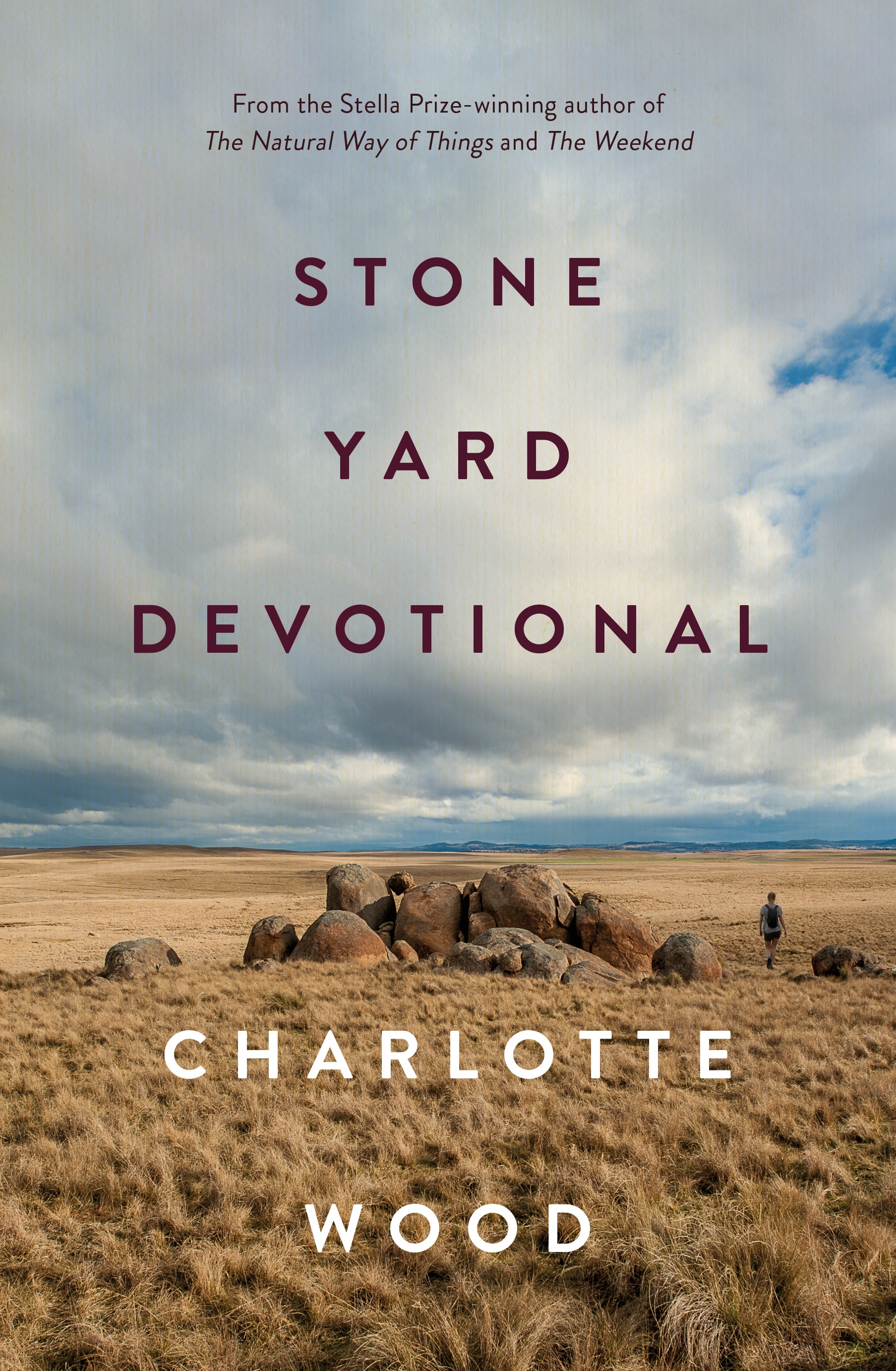 A book cover showing a rural landscape: brown grass, rocks and a cloudy sky and a person in the distance
