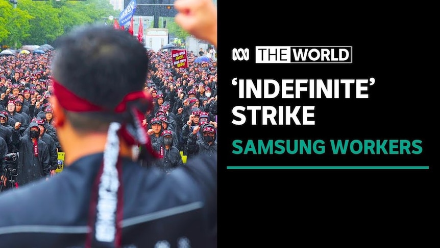 'Indefinite' Strike, Samsung WOrkers: Close up behind a man raising his fist. He faces a large crowd of people dressed like him.