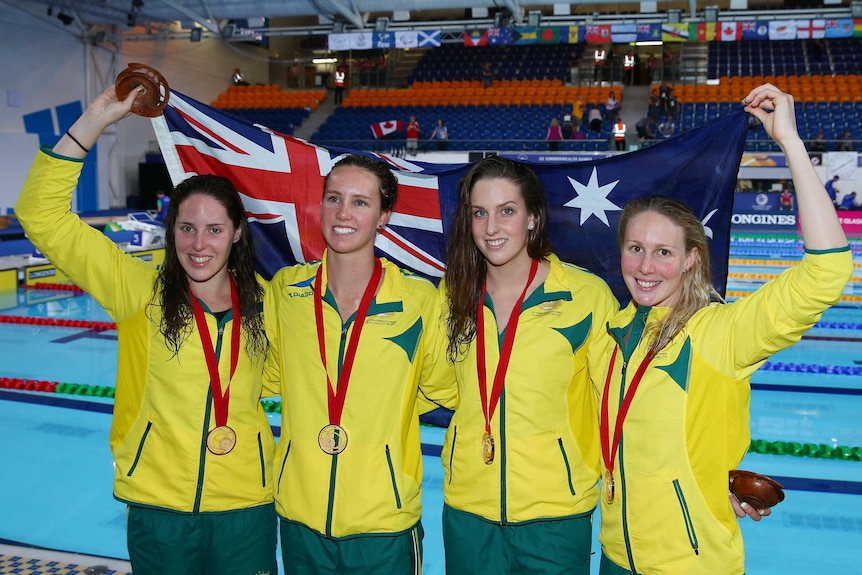 Alicia Coutts, Emma McKeon, Brittany Elmslie and Bronte Barratt win the women's 4x200m free relay.