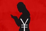 A silhouette of a woman standing against a red background with a yuan symbol superimposed on the silhouette.