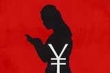 A silhouette of a woman standing against a red background with a yuan symbol superimposed on the silhouette.