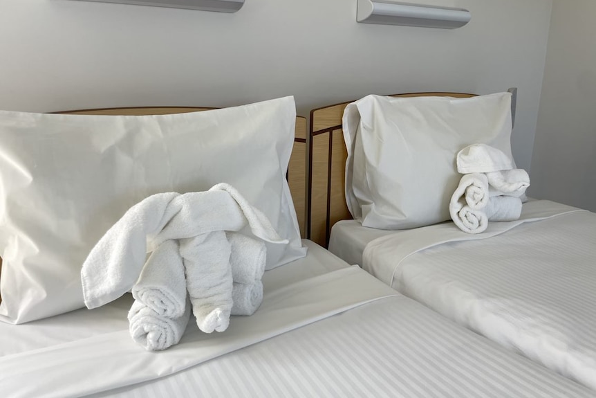 Two beds side by side with white bath towels that have been folded into the shape of elephants