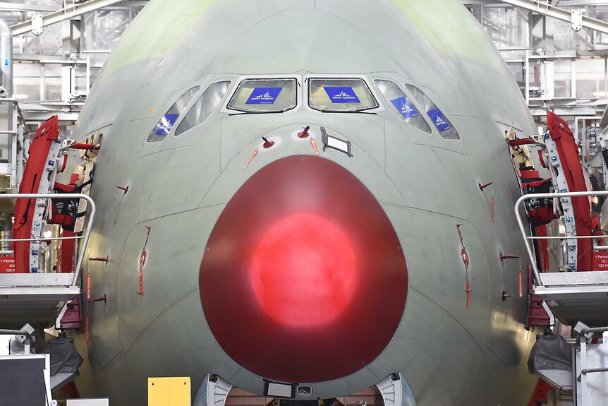 The nose of an Airbus A380 at an assembly site