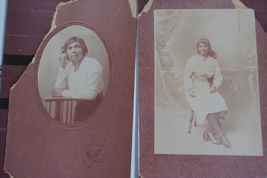Two old photos of a dressed-up young woman