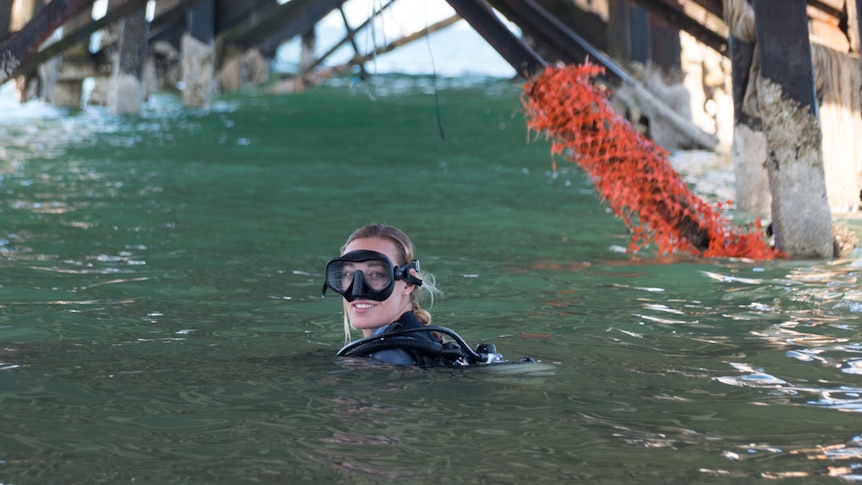 Kate Wilkins about to go diving under Henley Beach jetty to collect rubbish.