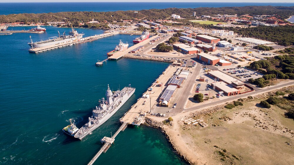 A view of a large naval base from the air. 