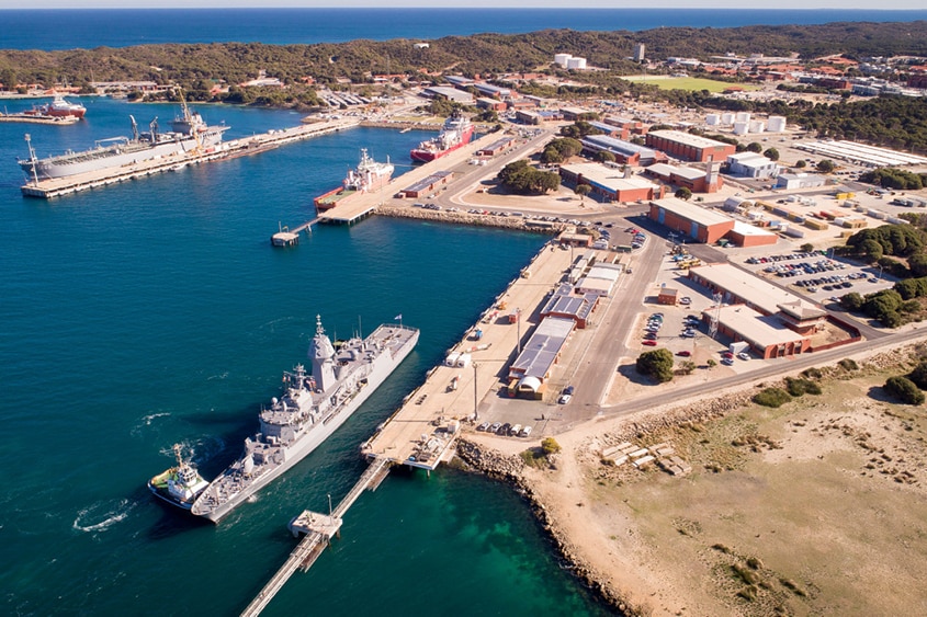 A view of a large naval base from the air. 