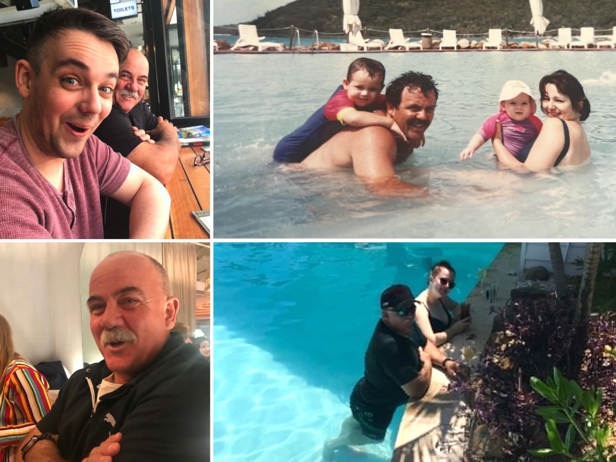 Collage of family photos, older man with moustache with children