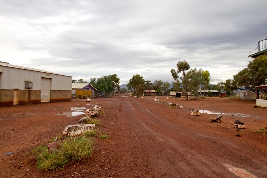A dirt road runs through the Wingellina Aboriginal community, with buildings scattered on either side among bush trees.