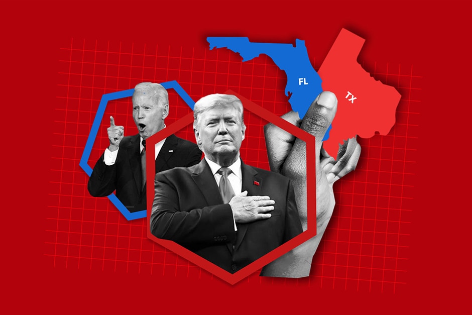 An illustration of Joe Biden and Donald Trump in front of a hand holding two maps of US states.