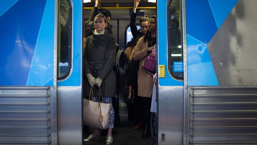 A woman stands in a Metro train as the doors close.