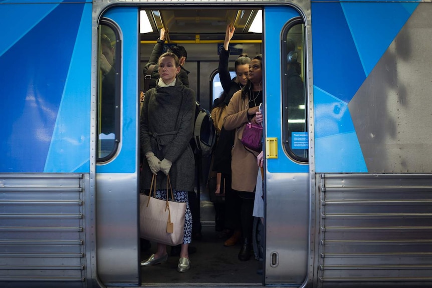 A woman stands in a Metro train as the doors close.