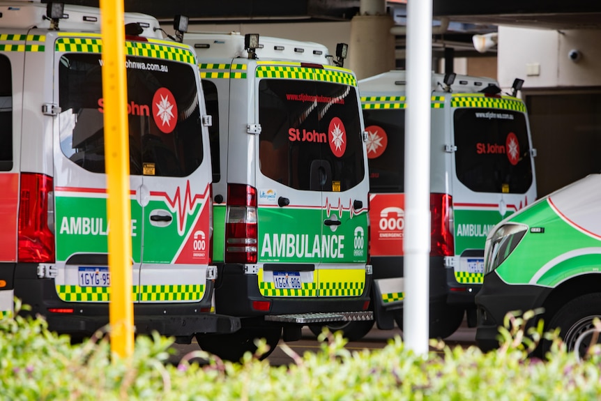 The backs of three ambulances and the hood of a fourth parked outside a hospital.