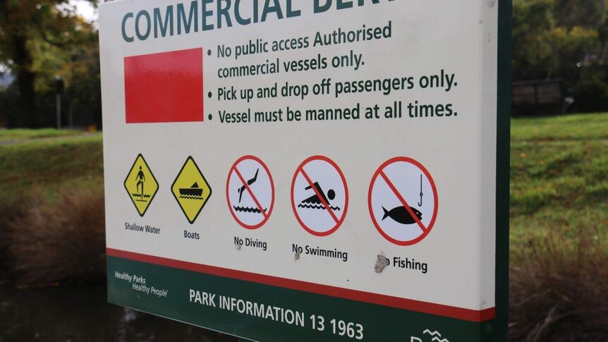 A Parks Victoria sign states swimming, diving and fishing is not allowed in the Yarra River past Gipps Street in Abbotsford.