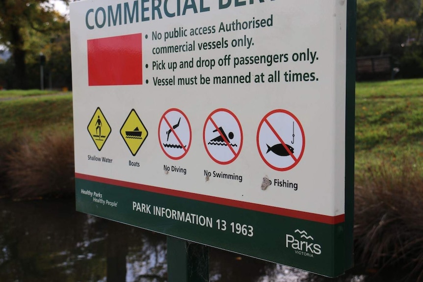 A Parks Victoria sign states swimming, diving and fishing is not allowed in the Yarra River past Gipps Street in Abbotsford.