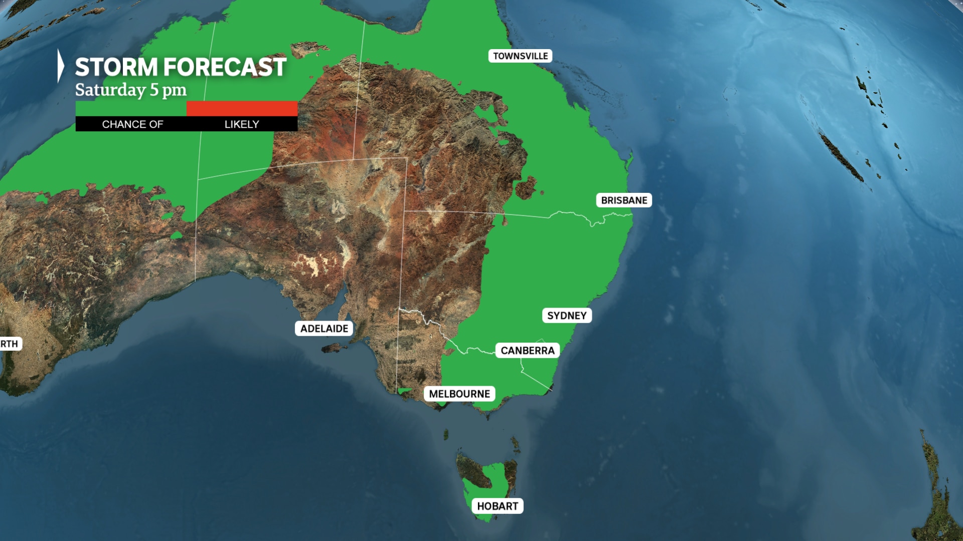 a weather map of australia shows possible thunderstorms along Australia's eastern coast and ranges