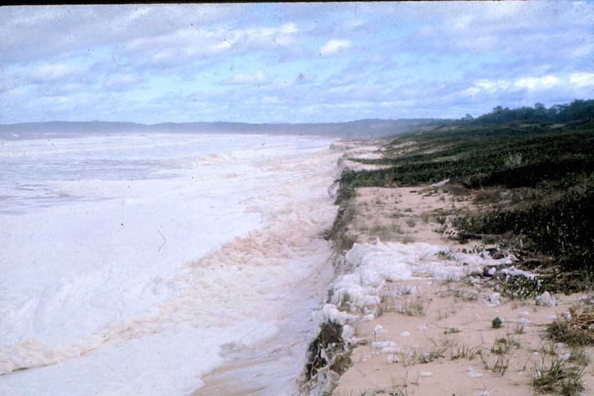 A beach covered in sea foam.