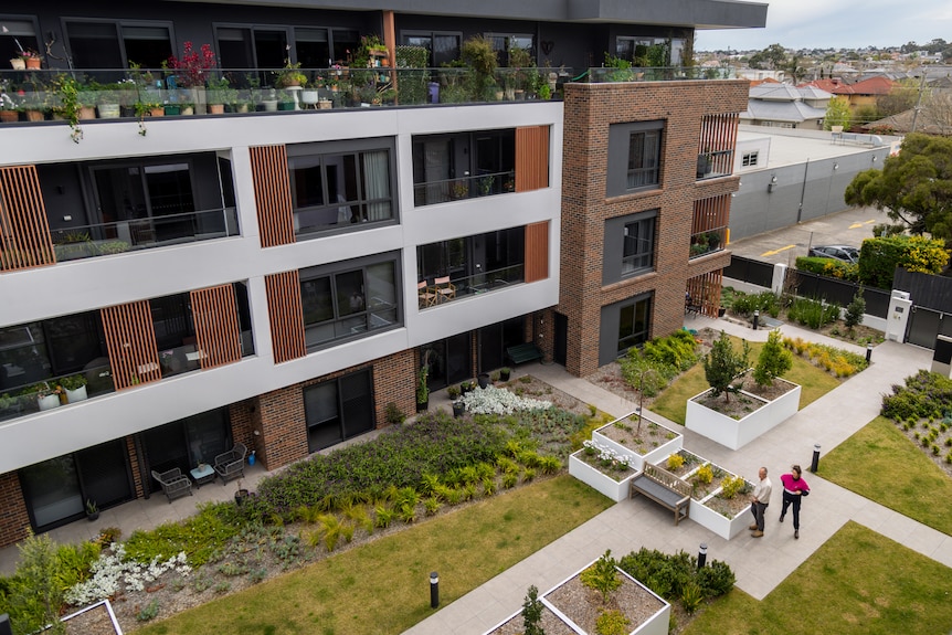 A bird's eye view of a garden attached to a retirement village.