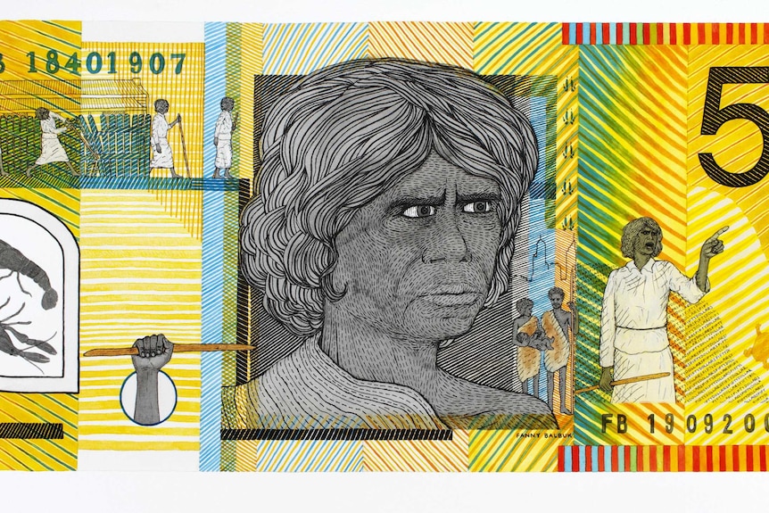 A yellow '50 dollar note' with Fanny Balbuk, an indigenous hero, as the portrait