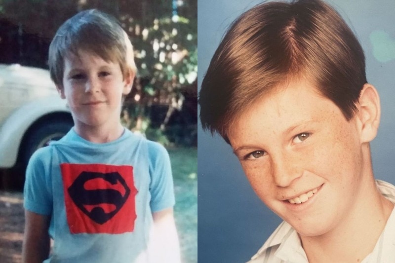 a composite picture of a young man one with him wearing a t-shirt with an s on it and other of him looking at the camera