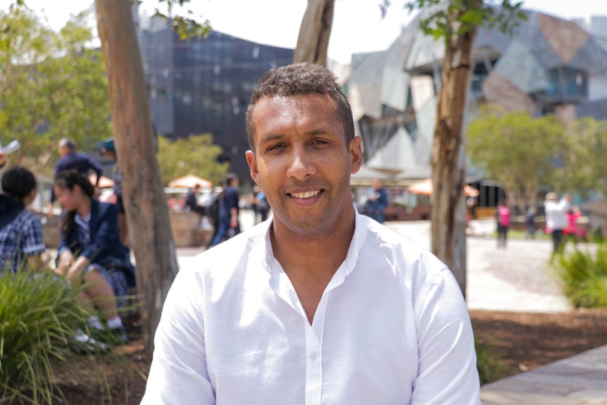 Seyi in Melbourne's Federation Square for a story about racism.