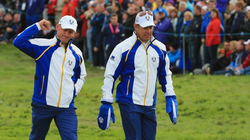 Jamie Donaldson and Lee Westwood celebrate during Ryder Cup