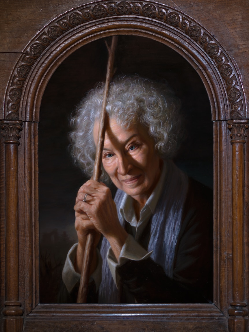 An oil painting of author Margaret Atwood.