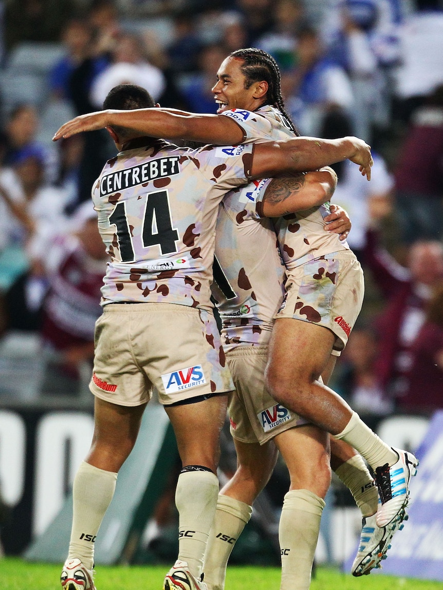 Down to the wire ... Steve Matai celebrates his late game-winning try.