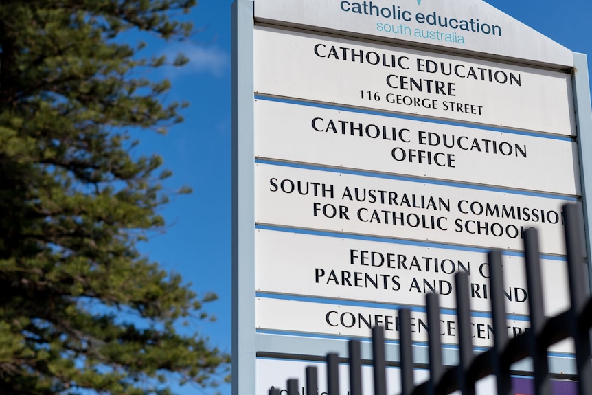 A sign for the Catholic Education Centre in Thebarton