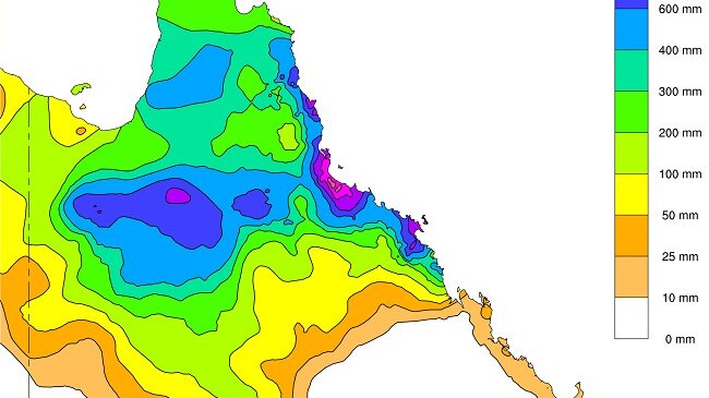 Map showing rainfall totals in north Queensland.