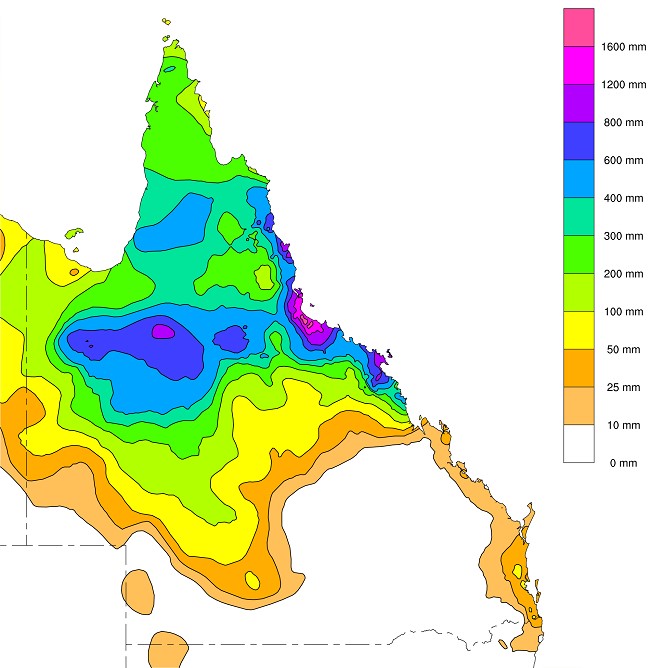 Map showing rainfall totals in north Queensland.