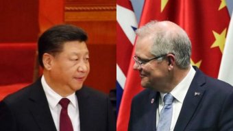 A composite image of Xi Jinping and Scott Morrison against red backdrops