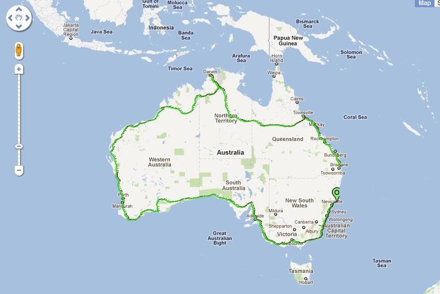 A map of Dave Alley's Race Around Australia route