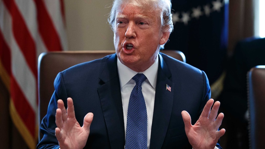 Donald Trump sits at a desk and holds his hands up while he speaks.