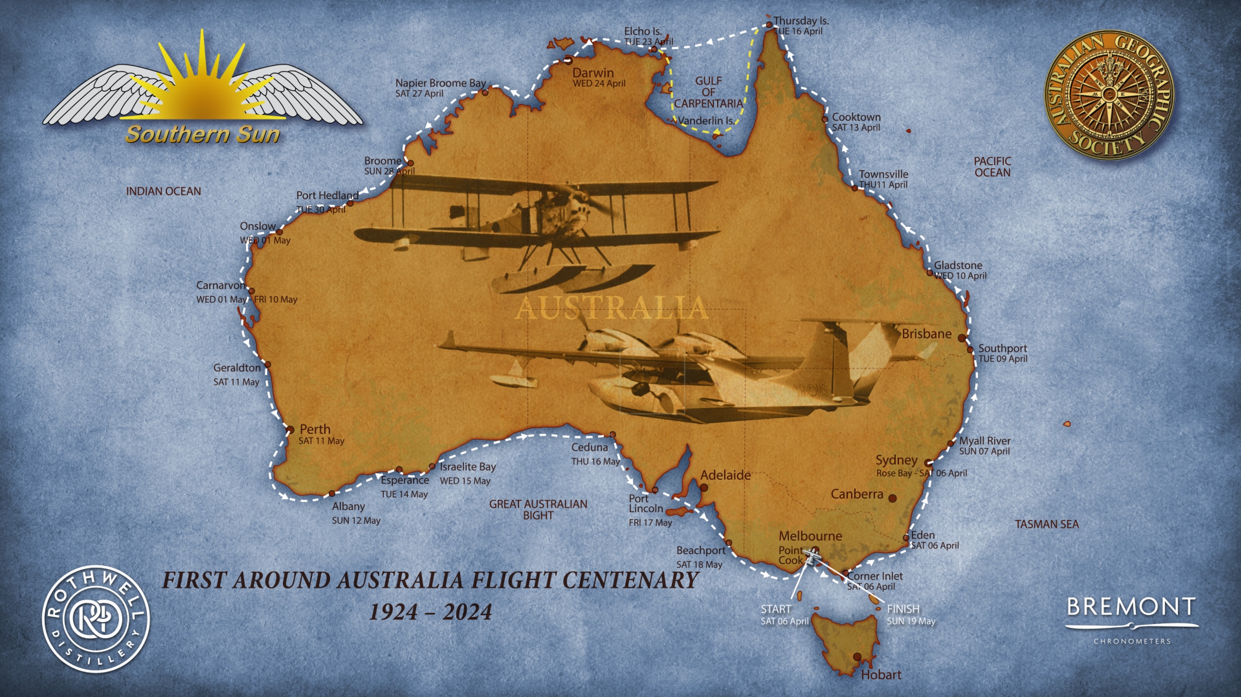 Ein animiertes Poster mit einem Flugzeug, das auf einem verblassten blauen Hintergrund um die australische Küste fliegt.