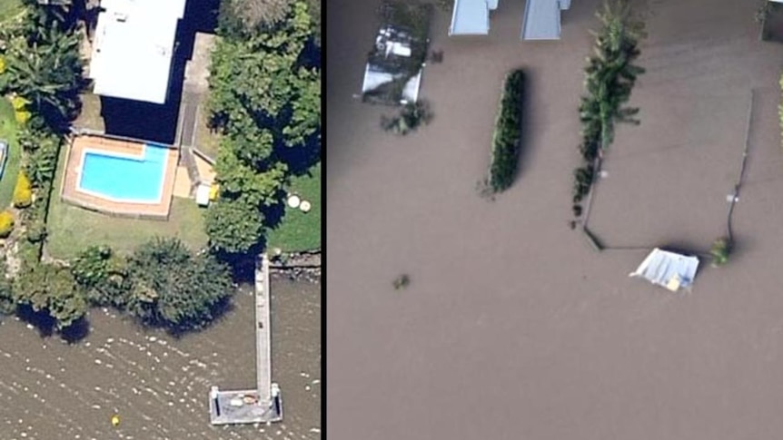 Riverfront homes at West End in Brisbane before and during the Brisbane floods on January 13.