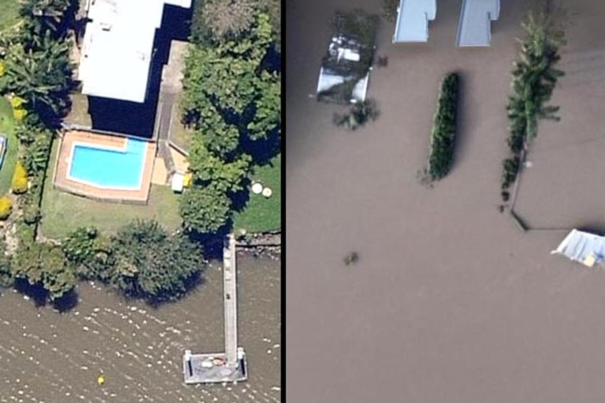 Riverfront homes at West End in Brisbane LtoR before and during the Brisbane floods, January 13, 2011.